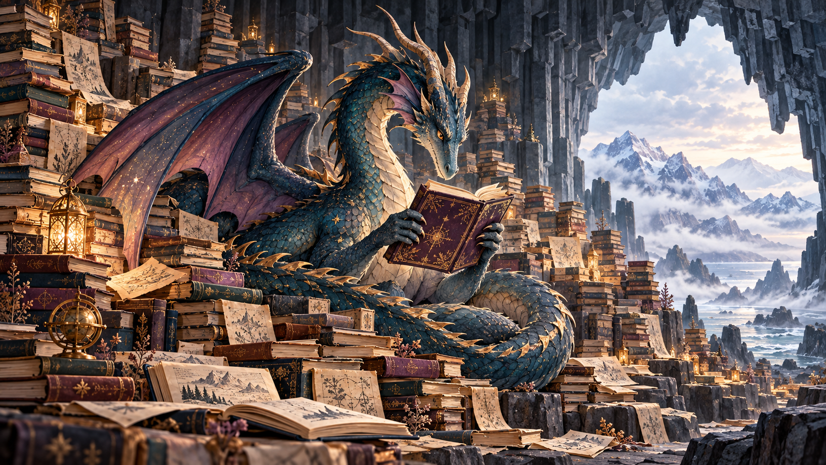 An ancient teal and plum dragon surrounded by a vast hoard of books in an Icelandic basalt cave