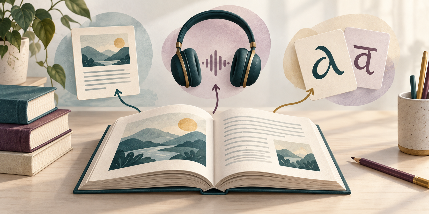A book offering reading, listening and language pathways