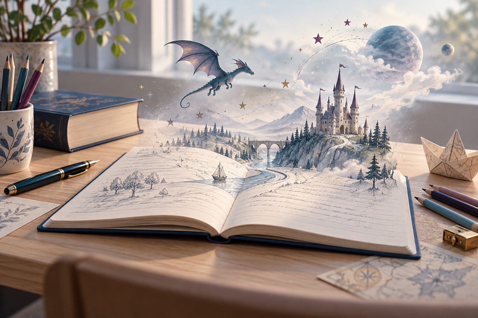 Books, handwriting and drawing unfolding into an imaginative story world
