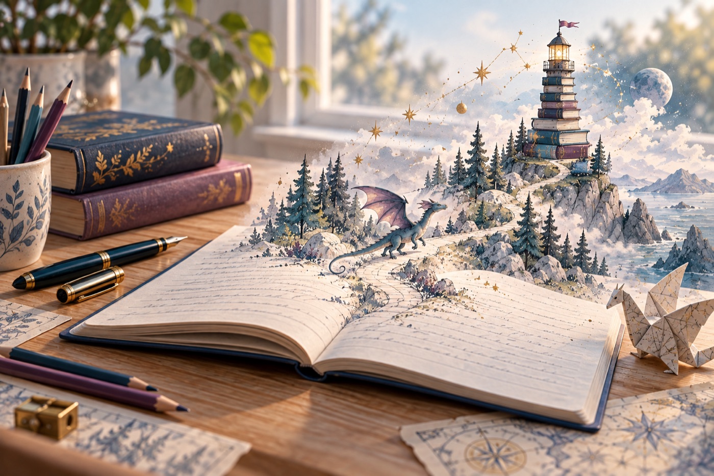 A small dragon following a handwritten path towards a lighthouse made of books