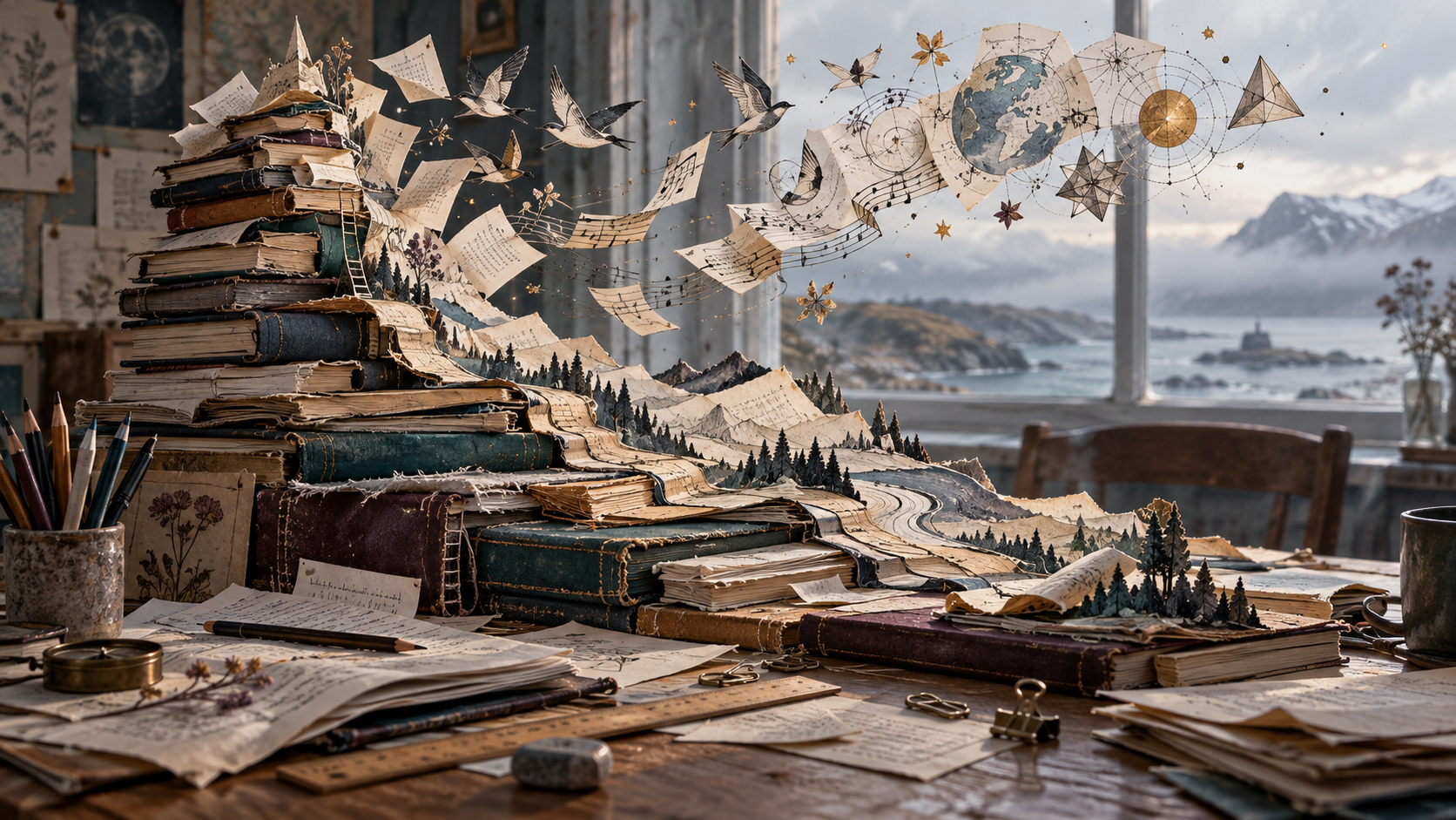 A landscape of books and handwritten pages unfolding into many subjects and ideas