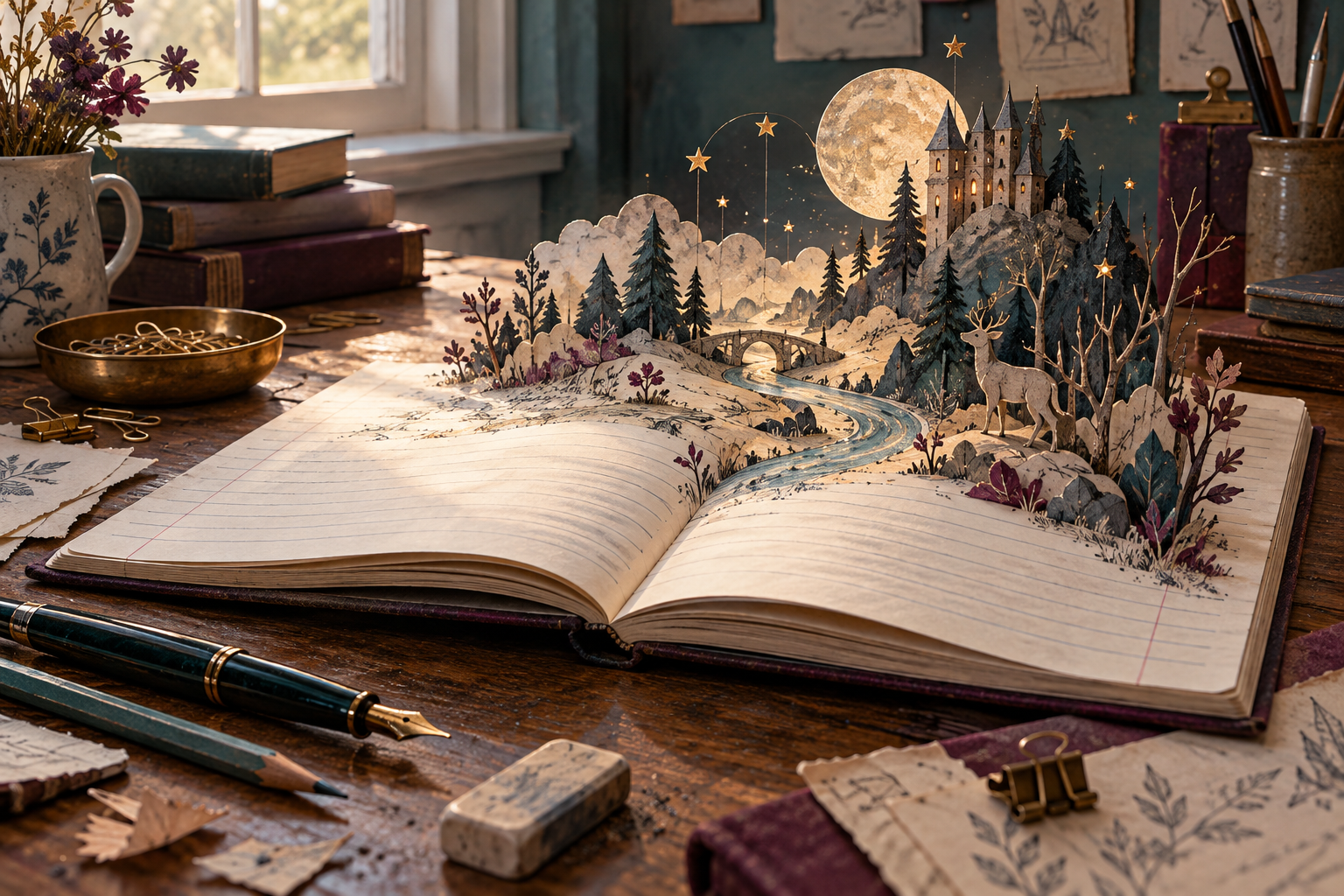 An exercise book opening into a handwritten imaginative world