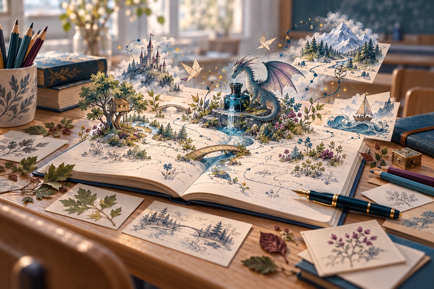 An exercise book growing into an imaginative garden of handwritten ideas