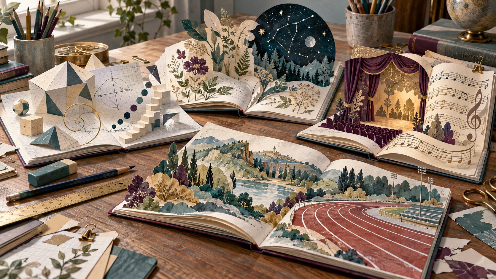 Exercise books opening into imaginative worlds of mathematics, science, art, music and sport
