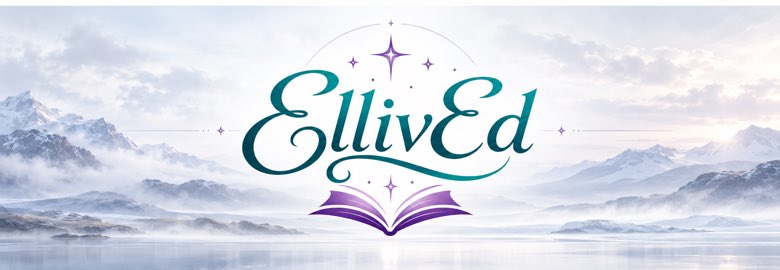 EllivEd above an open book, set against a misty mountain lake