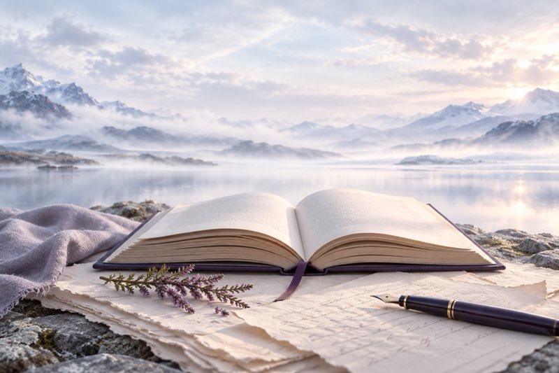 An open book and fountain pen beside a misty mountain lake