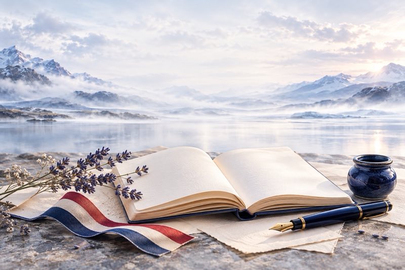 A French exercise book, pen and ribbon beside a misty mountain lake