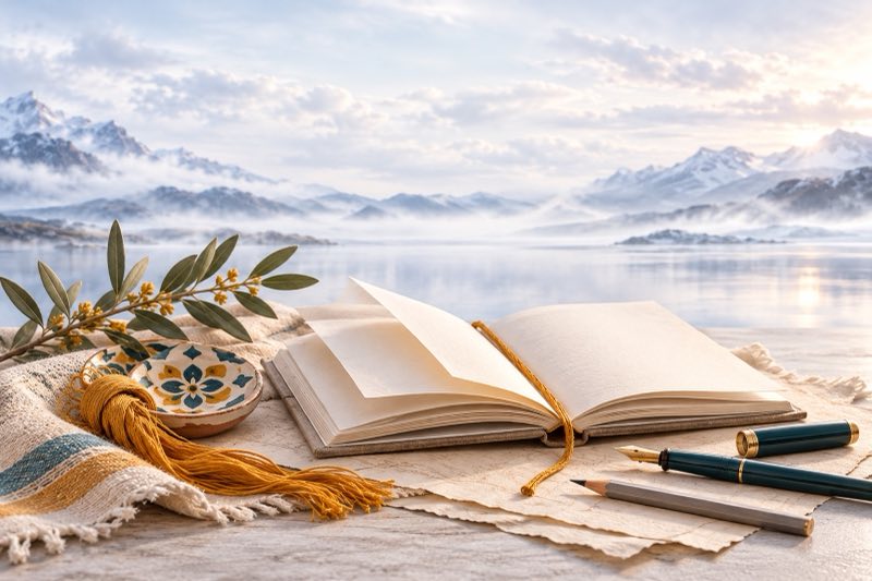 A Spanish exercise book, pencil and embroidered detail beside a misty mountain lake