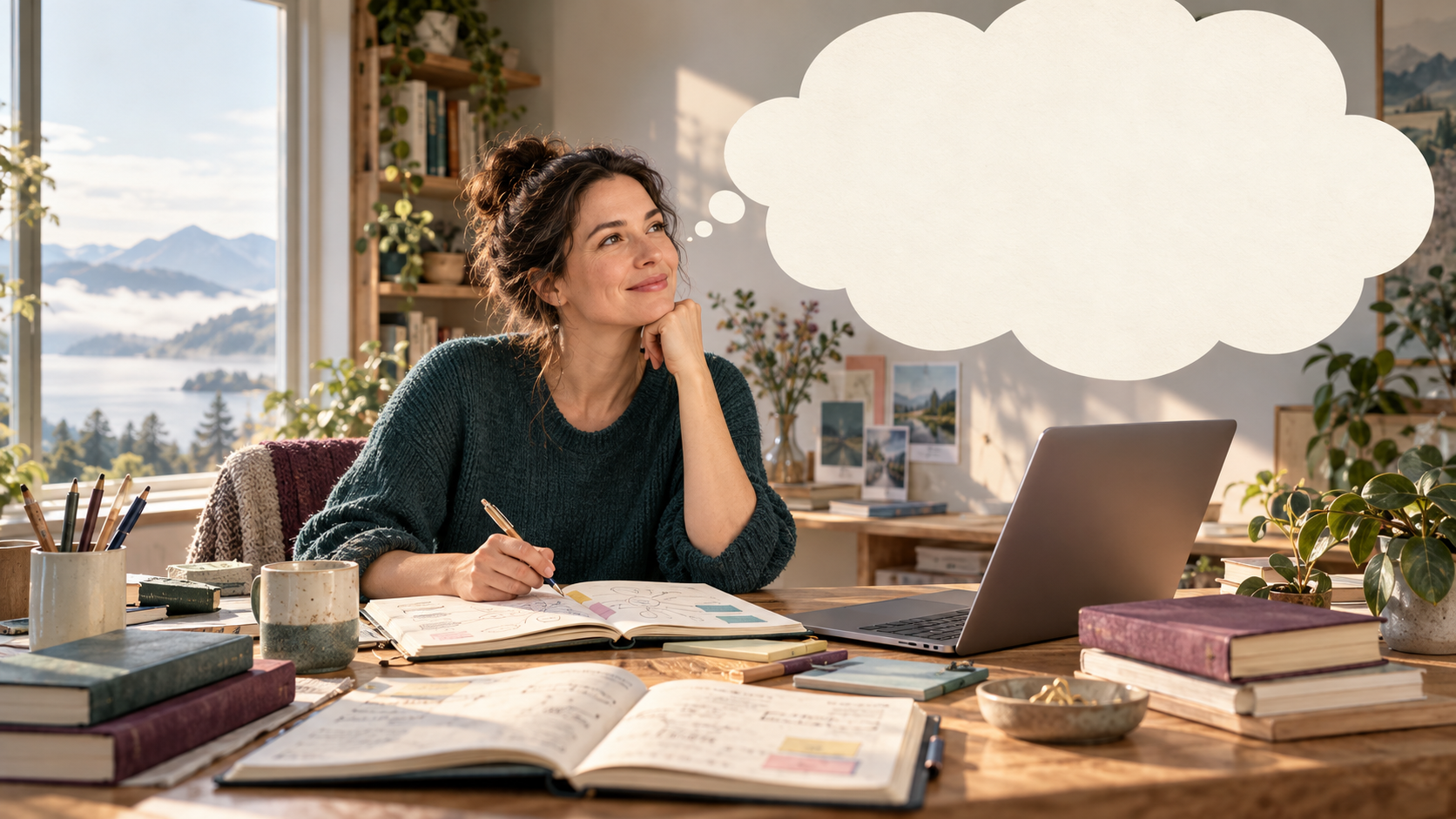 A teacher planning at a desk with an open thought bubble above